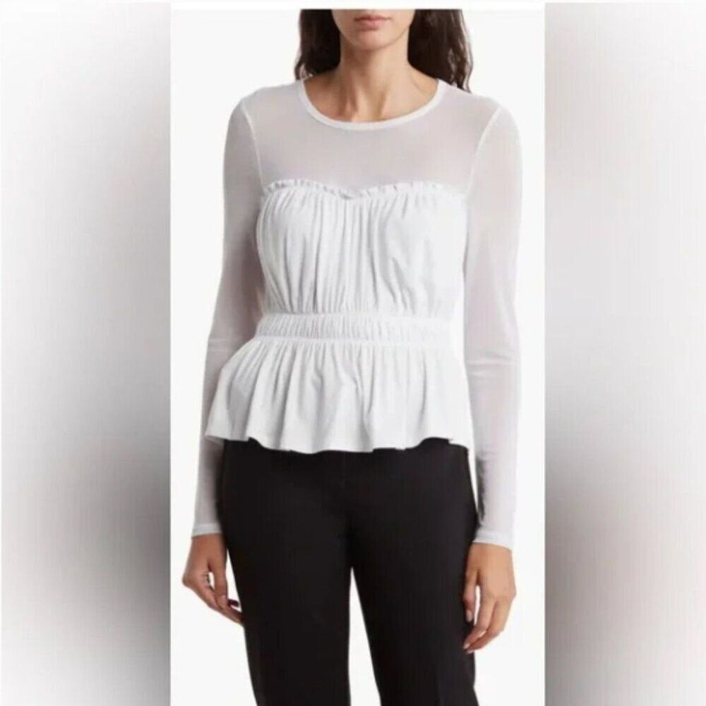 BCBG Mesh White Ruched Top Size Large New With Tags